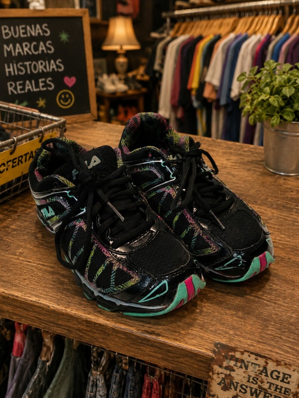 FILA Black Athletic Sneakers with Neon Pink & Teal Accents
